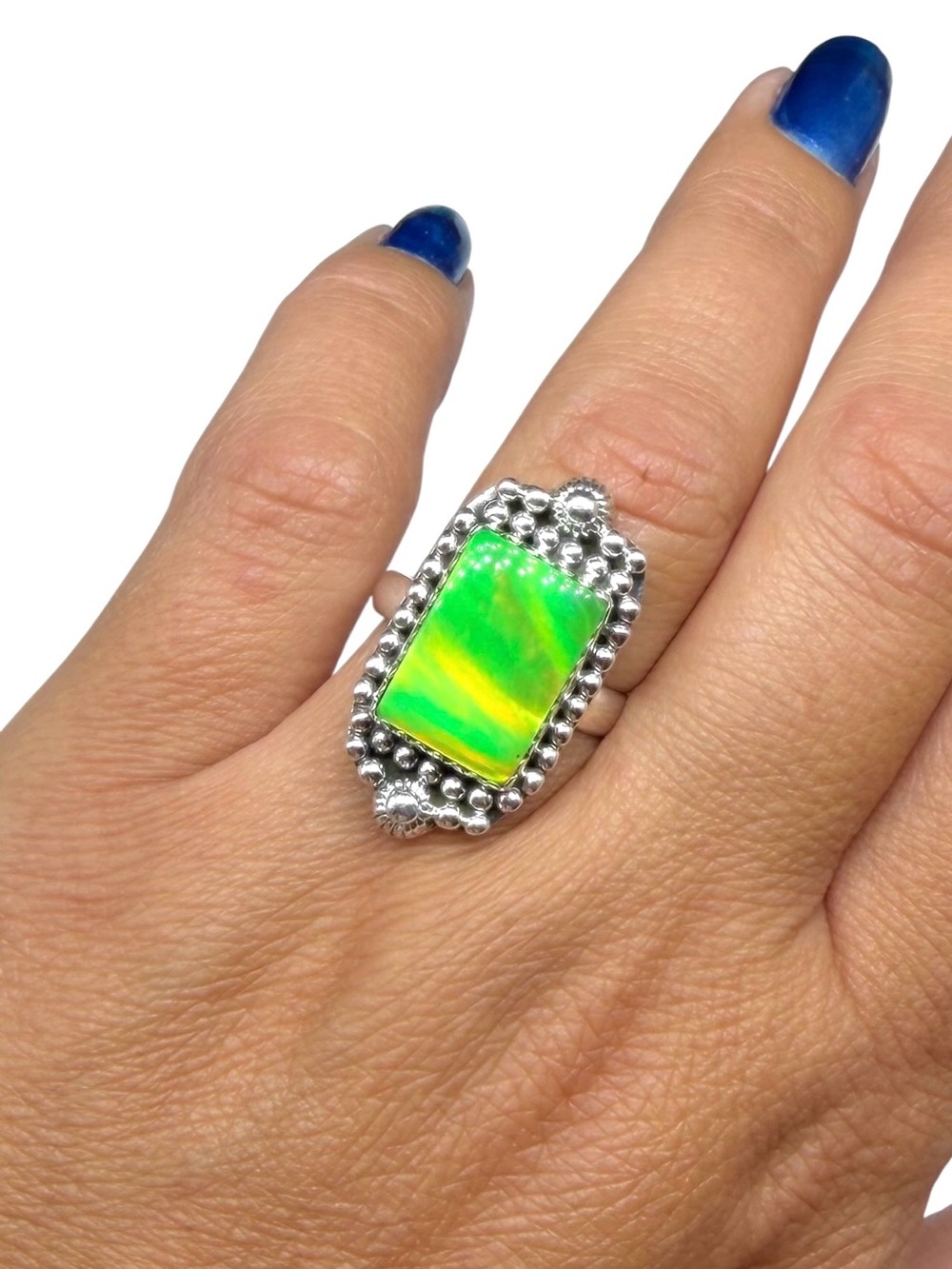Aurora Fire Opal Ring Size 7 Solid 925 Sterling Silver Aura Lime Green